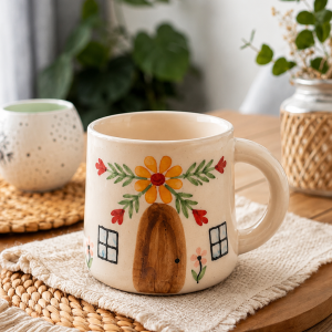 Handcrafted Bloom Cottage Ceramic Mug with Hand-Painted Floral House Design