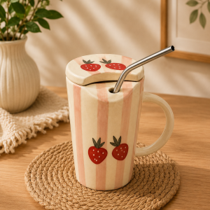 Strawberry Lid Mug with Straw